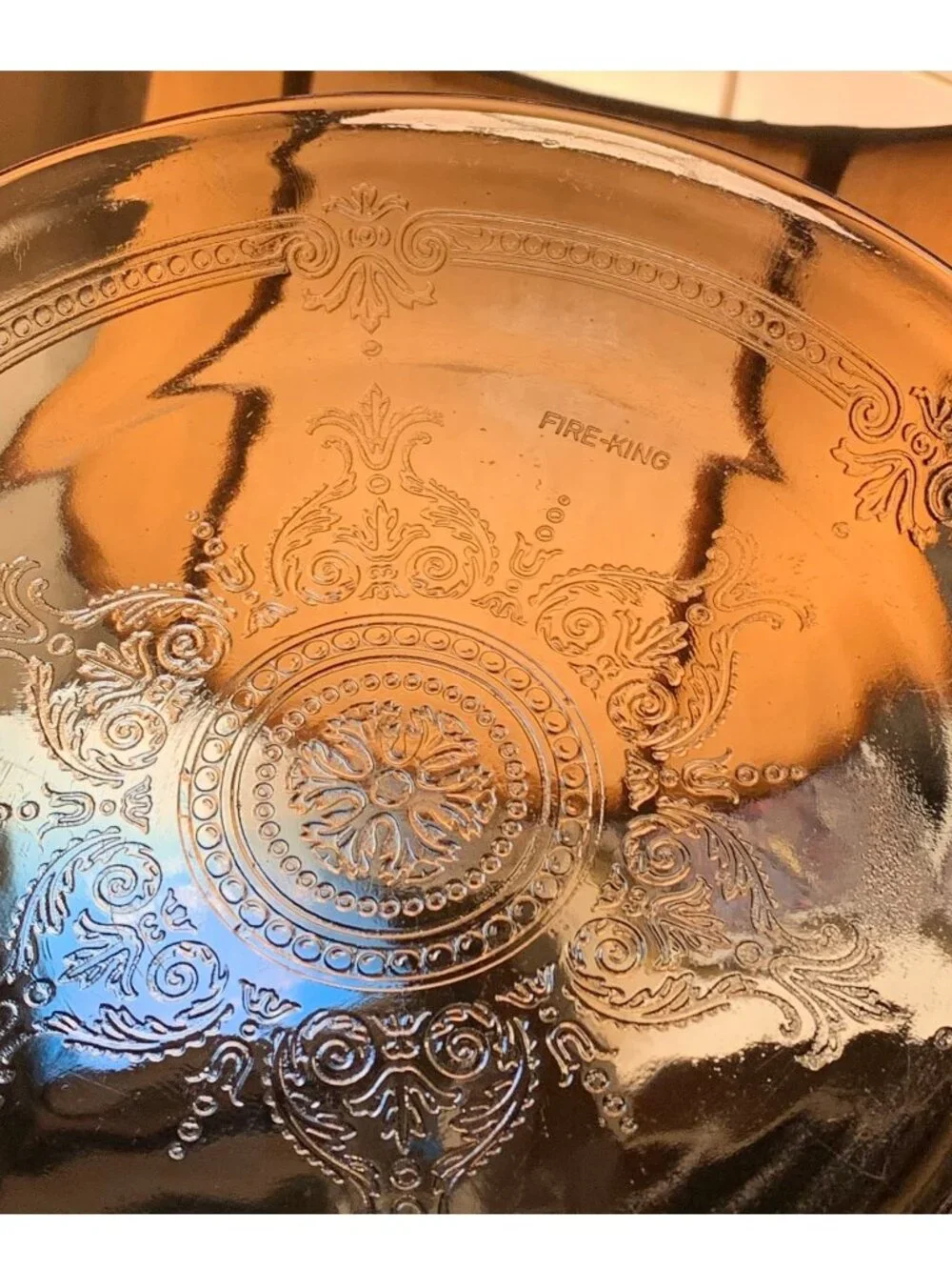 Vintage FIRE KING Clear Glass Philbe Embossed Pattern Pie Plate 9” Diameter